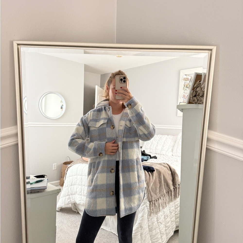 Missguided Blue and White Plaid Teddy Jacket